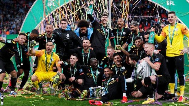 Manchester City celebrate winning the 2020 Carabao Cup - they have won the competition in each of the past three seasons and in four of the past five campaigns