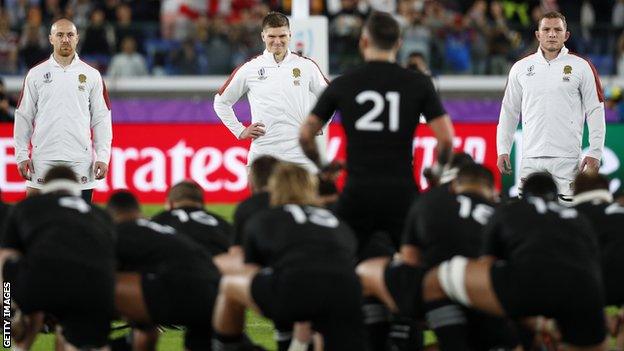 Owen Farrell watches the haka