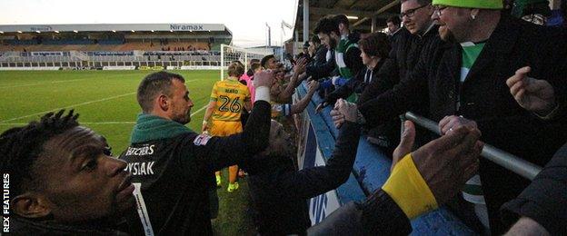 Yeovil players and staff thank fans after their draw at Hartlepool