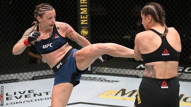 Joanne Calderwood kicks opponent Jennifer Maia at UFC Fight Night in August 2020