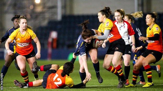 Richmond's Hallie Taufoou tackles Megan Varley of Worcester