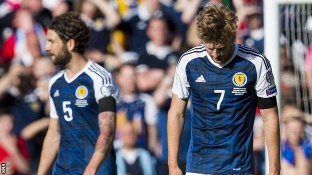 Scotland's Charlie Mulgrew and Stuart Armstrong are left disappointed against England