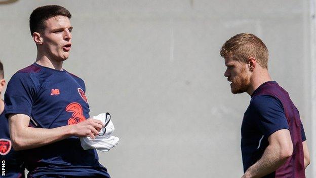 Declan Rice and Daryl Horgan during a Republic of Ireland training session in 2018