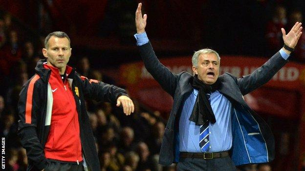 Ryan Giggs (left) on the touchline with Jose Mourinho