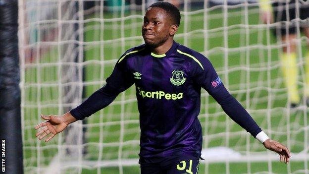 Everton winger Ademola Lookman celebrates scoring a goal