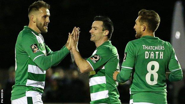 Chris Dagnall celebrates his first Yeovil Town goal