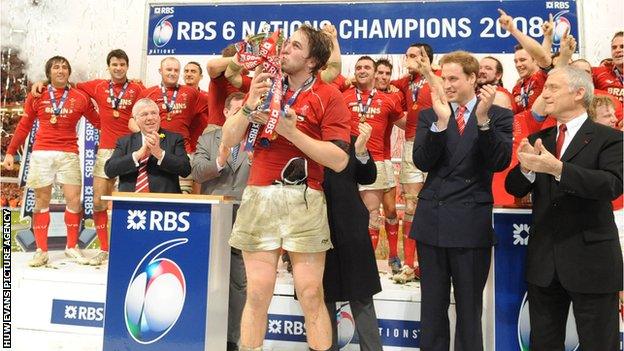 Ryan Jones lifts the 2008 Six Nations trophy after captaining Wales to Grand Slam success