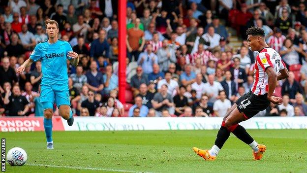Ollie Watkins scores for Brentford against Derby