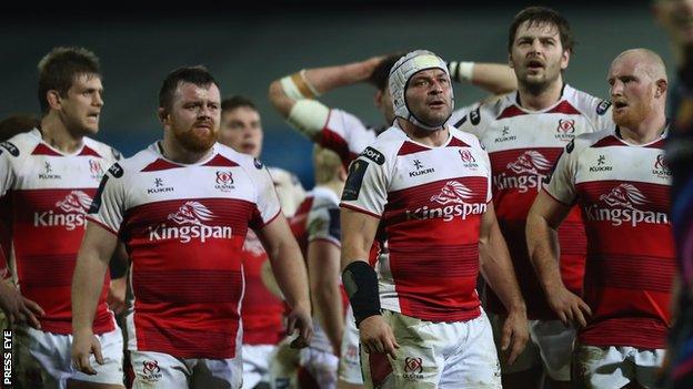 Rory Best and other Ulster players show their disappointment after the final whistle at Sandy Park