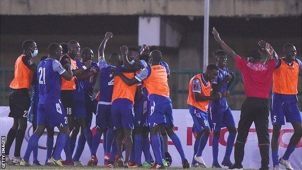 Central African Republic players celebrate their shock win over Nigeria