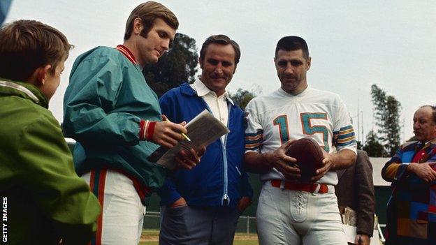 Shula with quarterbacks Bob Griese and Earl Morrall during a practice session