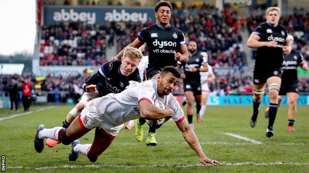 Robert Baloucoune dives over to score Ulster's second try against Bath