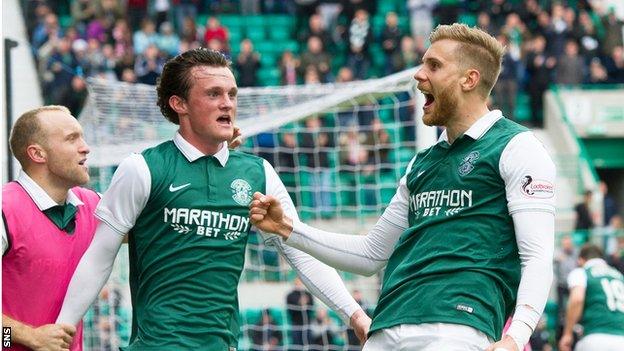 Hibs' Niklas Gunnarsson (right) celebrates a goal at Easter Road