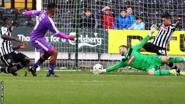 Reuben Reid scores Plymouth's second goal against Notts County
