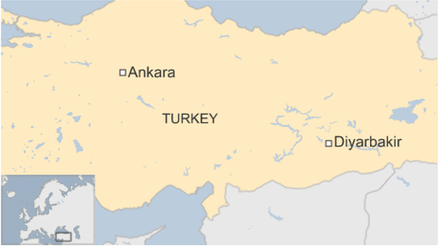 A map showing Diyarbakir in Turkey