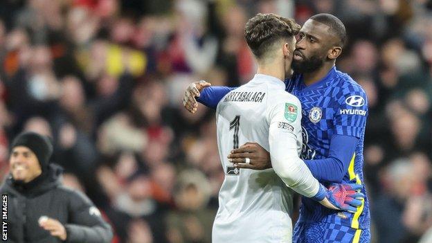 Kepa Arrizabalaga is consoled by Antonio Rudiger