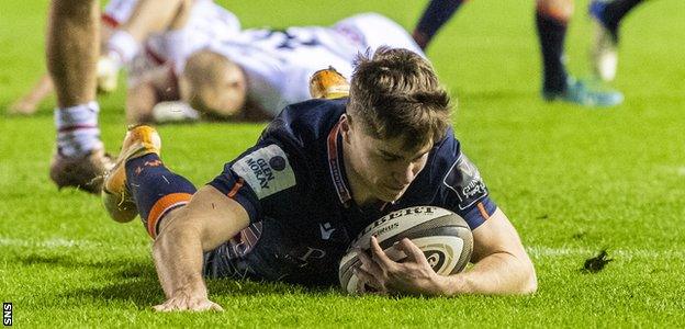 Jack Blain scores a try for Edinburgh against Ulster