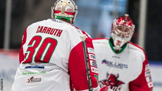 Taran Kozun was replaced in Cardiff Devils net by Mac Carruth with just over 5 minutes to play in the opening period, which ended with Glasgow Clan leading by three.