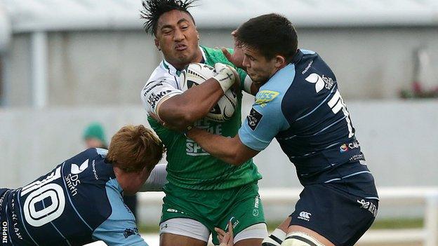 Blues pair Ellis Jenkins and Rhys Patchell tackle Connacht's Bundee Aki