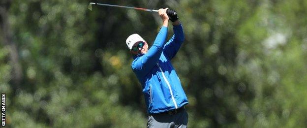 Sandy Lyle plays a shot during his second round at the Masters