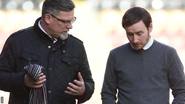 Hearts director of football Craig Levein talks with head coach Ian Cathro