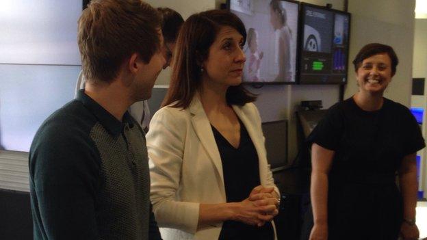 Liz Kendall on a visit to a Microsoft office in Berkshire