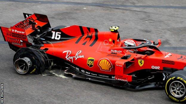 Charles Leclerc damaged rear right tyre