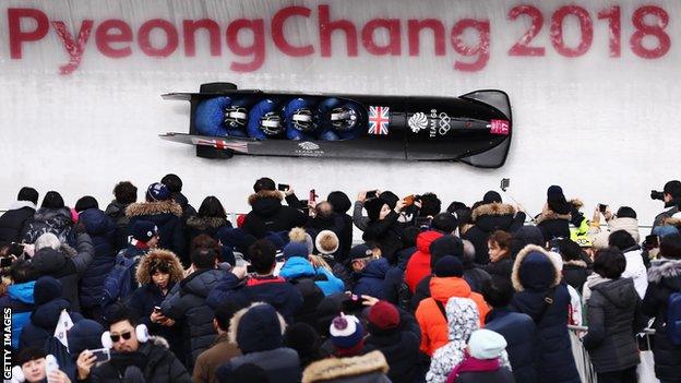 Joel Fearon competes in the four-man bobsleigh at Pyeongchang in 2018