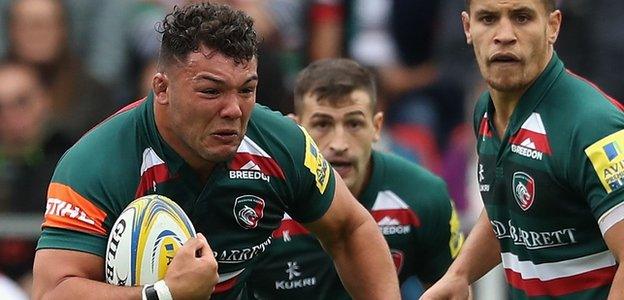 Ellis Genge on the charge for Leicester