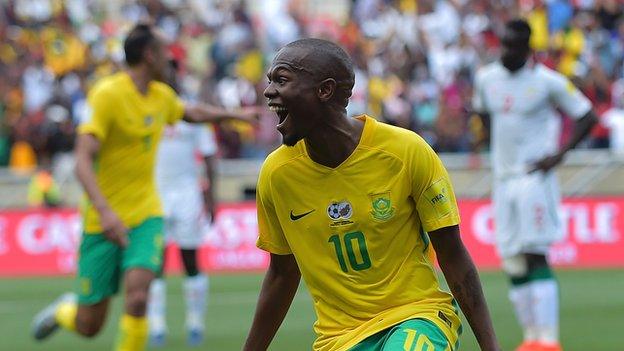 Thulani Serero celebrates South Africa's second goal in last year's World Cup win over Senegal