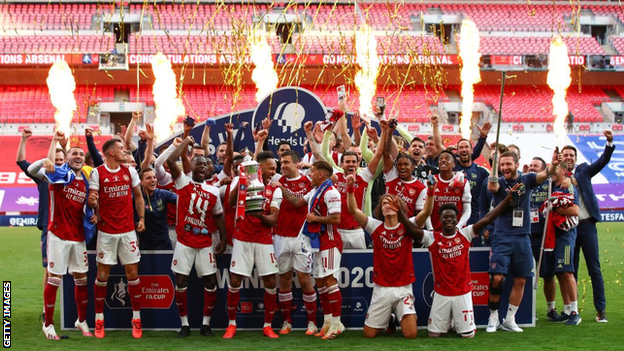 Arsenal celebrate winning the 2019-20 FA Cup