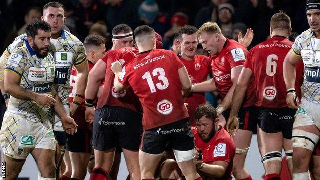 Ulster celebrate Rob Herring's second try