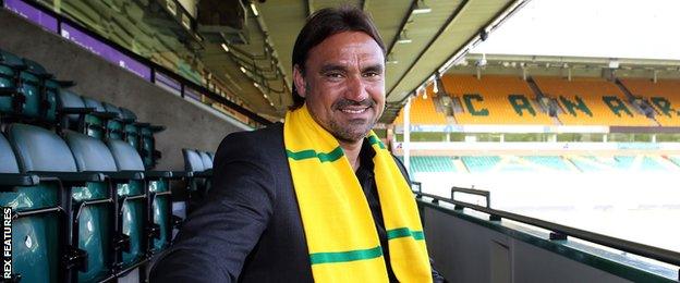 Norwich City head coach Daniel Farke takes his seat at Carrow Road