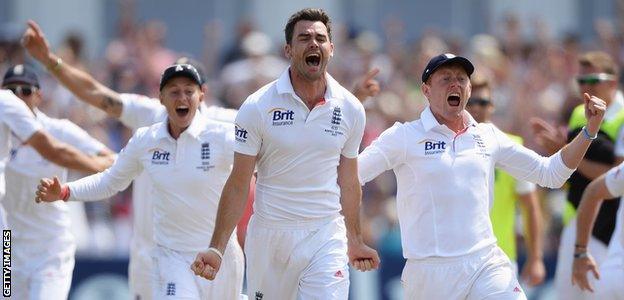 James Anderson celebrates England's 14-run win over Australia at Trent Bridge in 2013