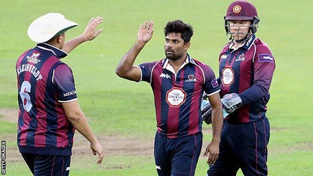 Seekkuge Prasanna celebrates wicket for Northants Steelbacks