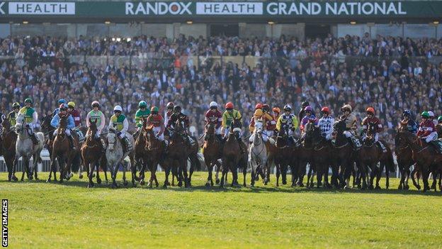 A wide view of the Grand National starters at Aintree