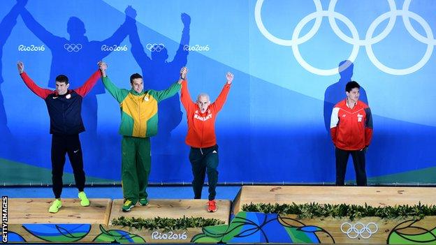 Michael Phelps, Chad Le Clos, Laszlo Cseh and Joseph Schooling