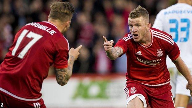 Jonny Hayes (right) celebrates scoring Aberdeen's second goal