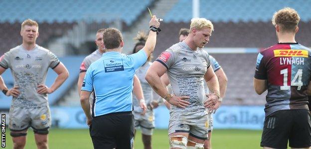 Sale flanker Jean-Luc du Preez (second right) was shown yellow following a consultation with the television match official