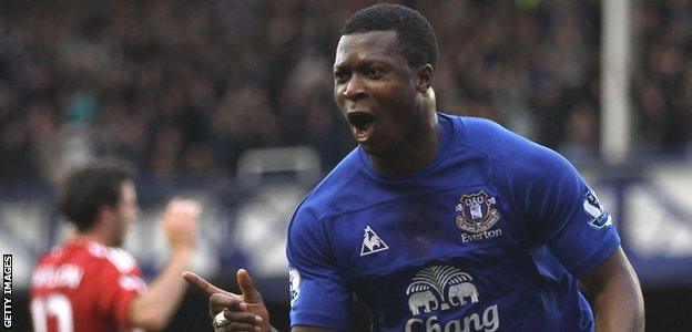 Yakubu celebrates scoring a goal for Everton