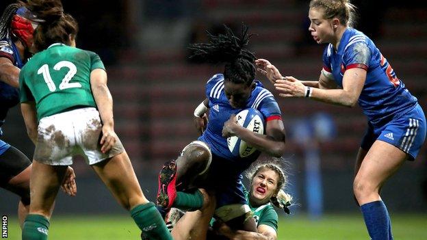 Ireland wing Megan Williams tries to halt France's Coumba Diallo in last weekend's Six Nations