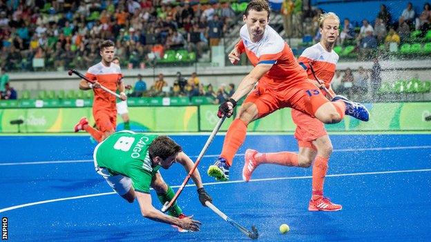 Ireland's Chris Cargo battles with Dutch player Sander Baart in Rio