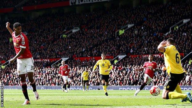 Marcus Rashford scores for Manchester United against Aston Villa