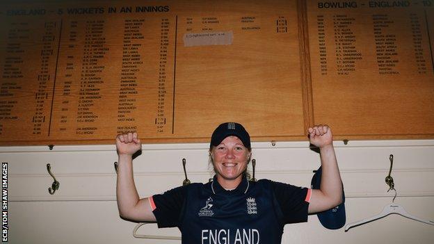 Anya Shrubsole in front of the MCC honours board