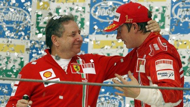 Jean Todt and Kimi Raikkonen celebrate winning the 2007 World Championship