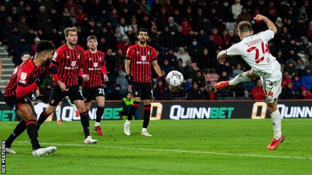 Matty Godden scores for Coventry against Bournemouth.