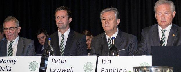 Director Brian Wilson, manager Ronny Deila, chief executive Peter Lawwell and chairman Ian Bankier at Celtic's annual meeting