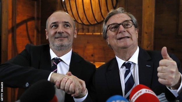 Stade Francais president Thomas Savare (left) and Racing 92 president Jacky Lorenzetti