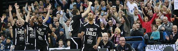 The Newcastle Eagles celebrate winning the BBL Cup for the fourth time