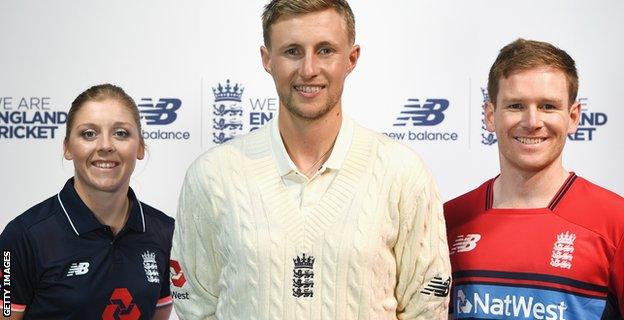 Heather Knight, Joe Root and Eoin Morgan